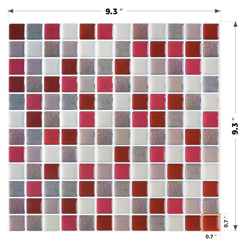 Yoillione 3D Mosaic Tile Sticker Removable Wallpaper Tile Red, 3D Self Adhesive Wall Tiles Bathroom Wall Tiles for Kitchen Backsplash Red, PVC Square Decorative Vinyl Decals, 4 Sheets - Image 2